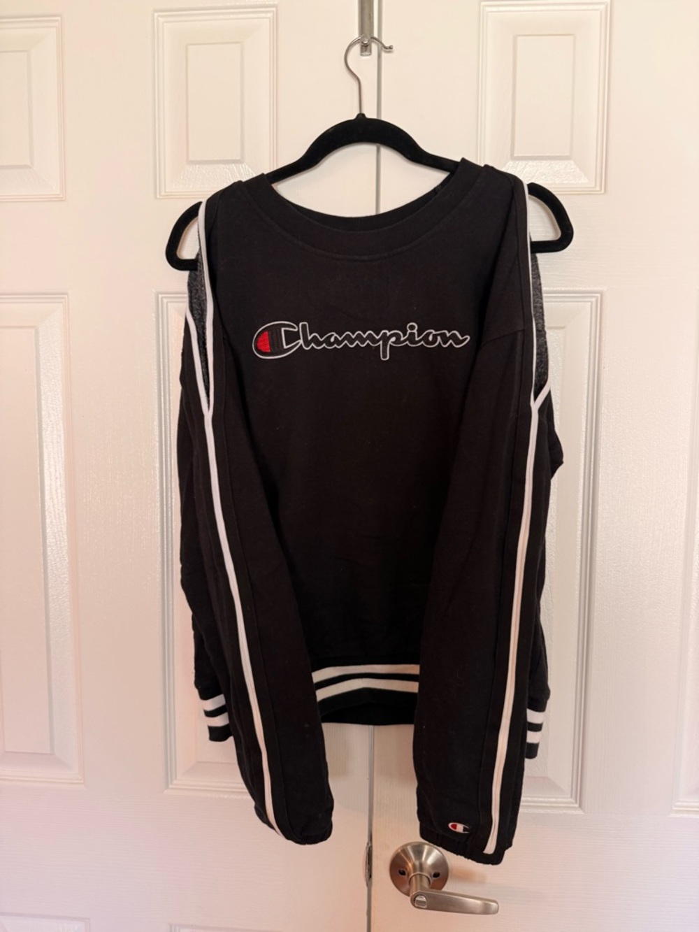 Champion Black Sweatshirt with White Stripe Accents and cut out Shoulders